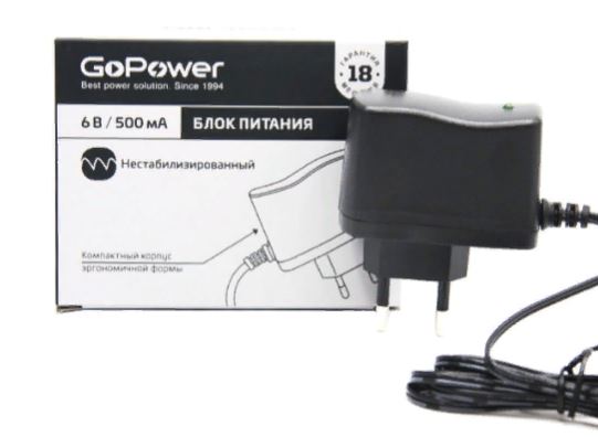 Блок питания GoPower 15341 500mA 9V 5.5*2.1/12 нестабилизированный отрицательная полярность