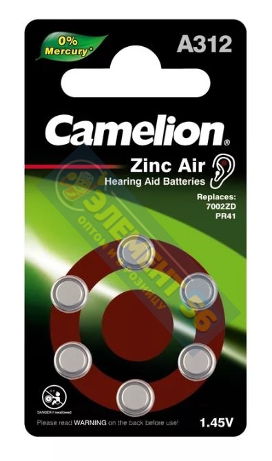 CAMELION ZA312 6BL 1.45V 170mAh (PR41,AC312,DA312) для слуховых аппаратов 27