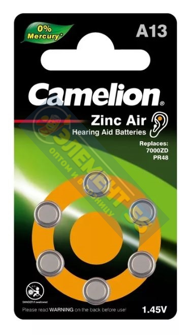 CAMELION ZA13 6BL 1.45V 280mAh (PR48,AC13,DA13) для слуховых аппаратов 27