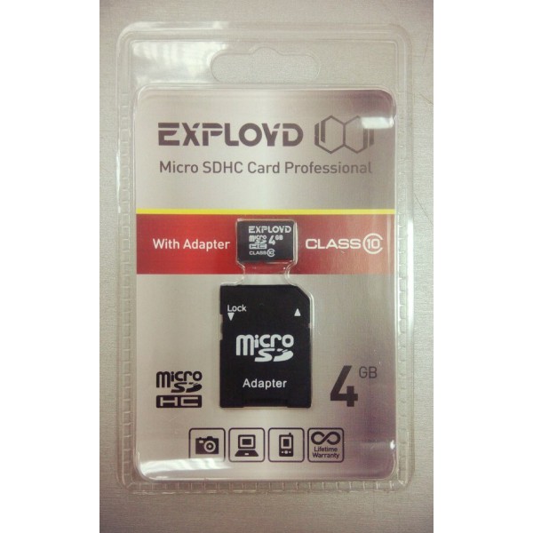 Карта памяти EXPLOYD  4GB MICRO SDHC CLASS 10 plus adapter EX004GCSDHC10