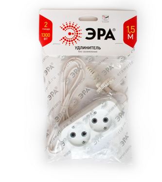 Удлинитель ЭРА 2 роз, длина=1.5м с/з ПВС 10A/2200Вт UX-2e-1.5