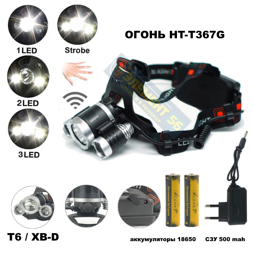 Фонарь налобный светодиодный аккумуляторный ОГОНЬ HT-T367G [3.5 dc jack, датчик движения, 18650]