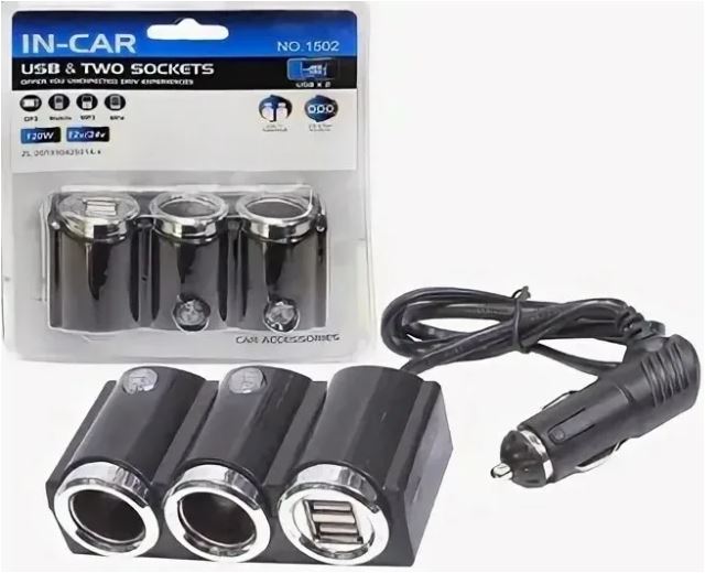 Разветвитель прикуривателя IN-CAR 1502 2 гнезда 2-USB 1А