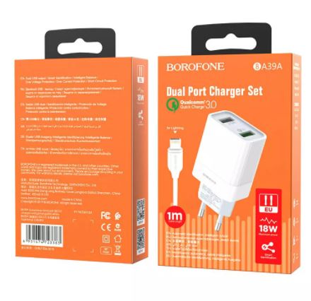 СЗУ BOROFONE BA39A  2 USB 3.0A  QC3.0+ кабель Apple 8pin белый быстрая зарядка