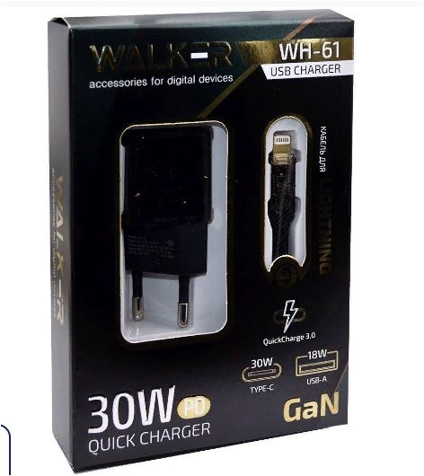 СЗУ WALKER WH-61 1USB QC3.0A/TYPE-C 30W + кабель Lightning