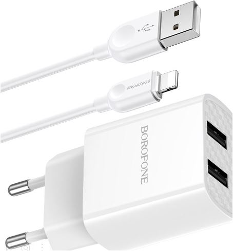 СЗУ BOROFONE BA53A  2 USB 2.1A + кабель Apple 8pin белый