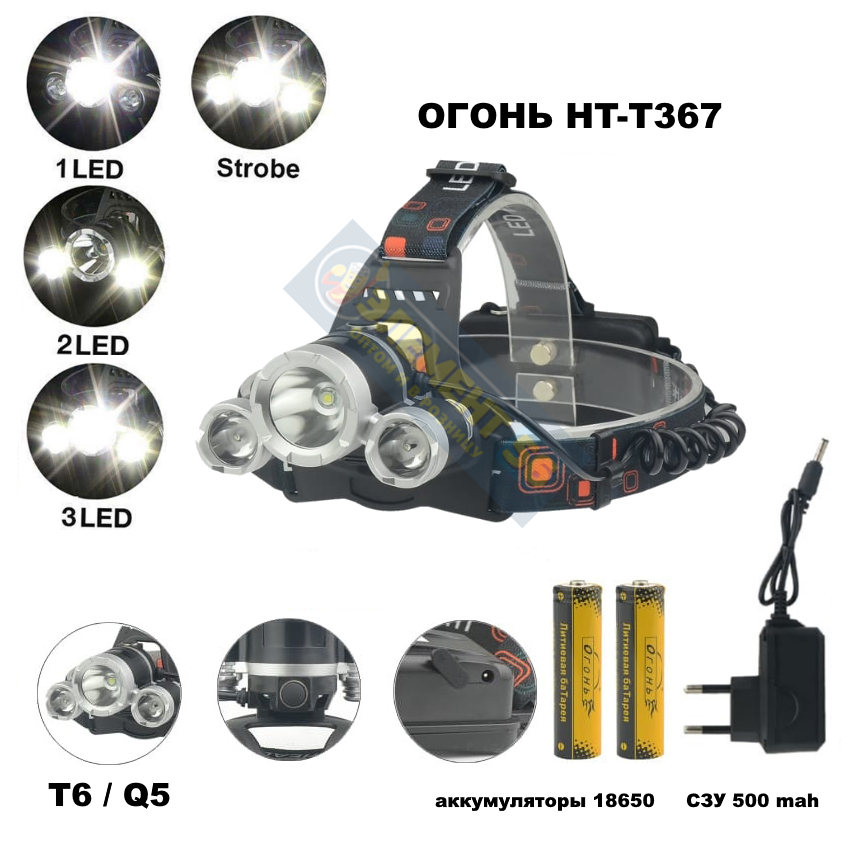Фонарь налобный светодиодный аккумуляторный ОГОНЬ HT-T367 [3.5 dc jack, 1/2 18650 - 1000 mah x 2]